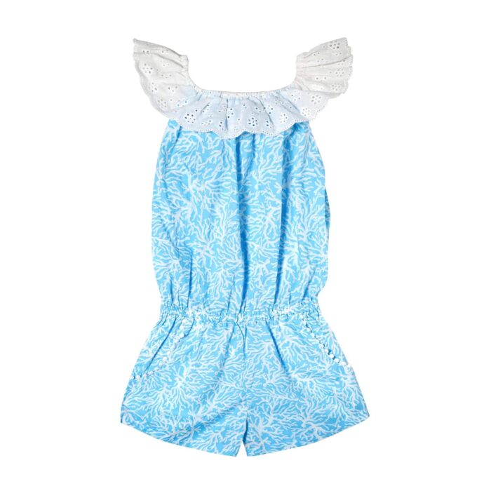 Blue turquoise and white jumpsuit for girls with elastic white broderie anglaise collar, pockets lined with white tassels. Combishort of the fashion brand for children LA FAUTE A VOLTAIRE