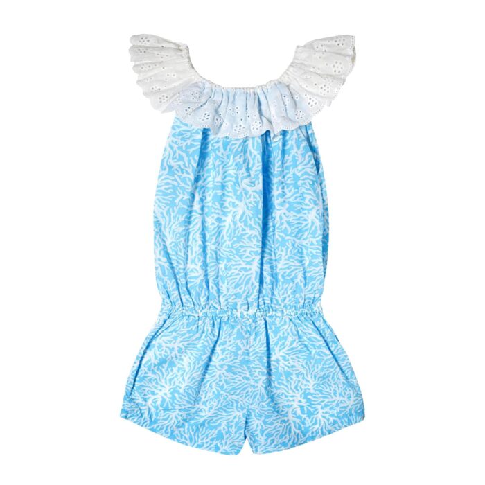Blue turquoise and white jumpsuit for girls with elastic white broderie anglaise collar, pockets lined with white tassels. Combishort of the fashion brand for children LA FAUTE A VOLTAIRE