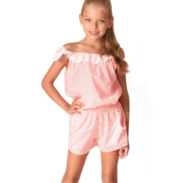 Combishort d'été en coton blanc à étoiles rose abricot avec col 2-en-1 en broderie anglaise blanche et poches bordées pompons pour filles de 2 à 14 ans