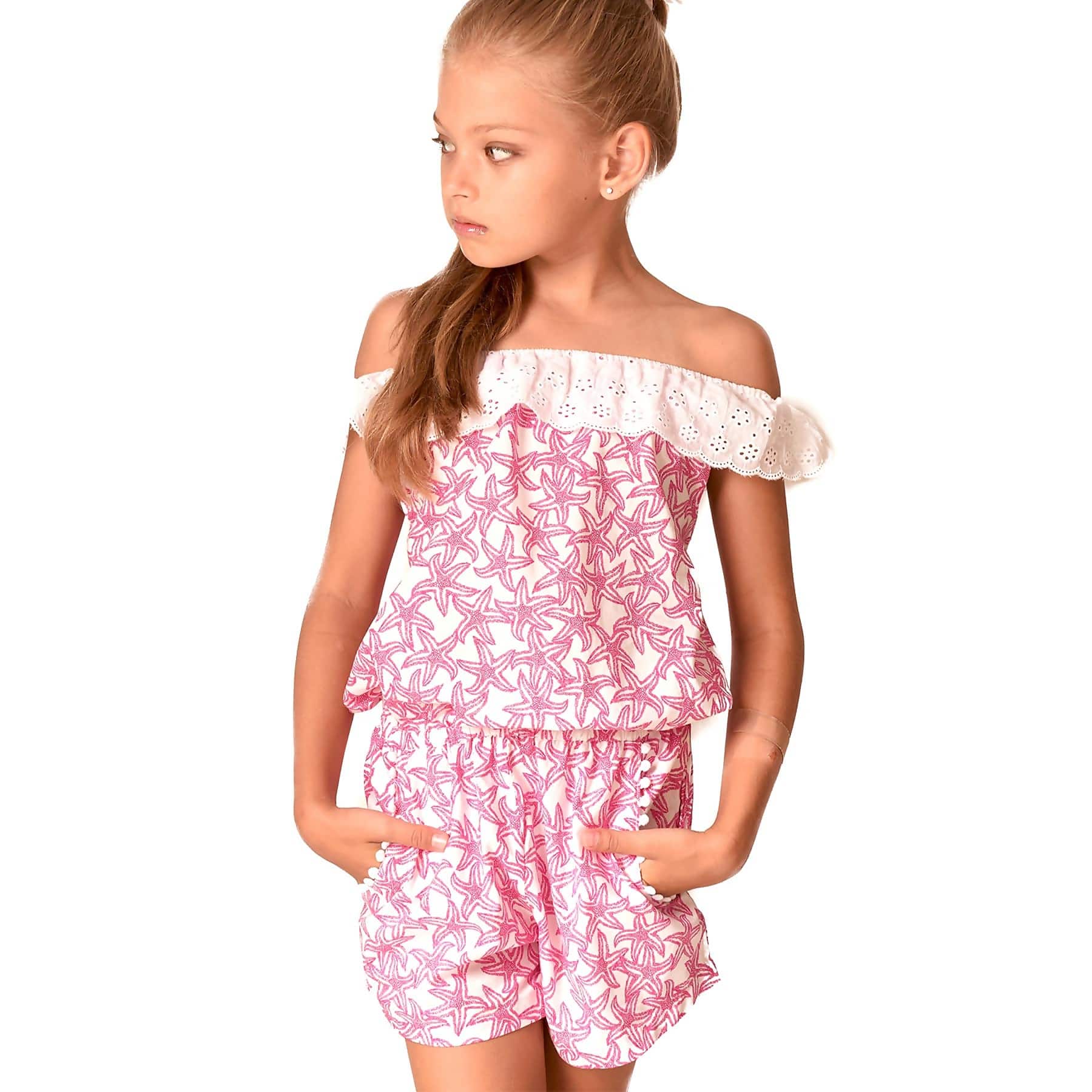 Fuchsia pink cotton summer jumpsuit, Girls 2-16 years old