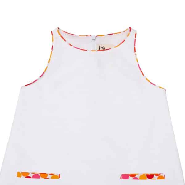 White waffle cotton summer trapeze dress with pockets and pink and orange details for girls 2 to 14 years old