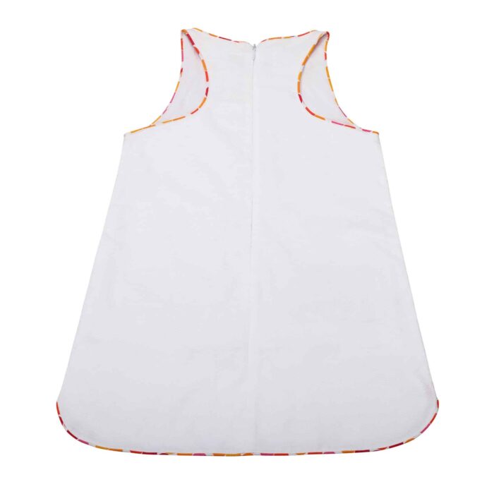 Robe trapèze été en coton gaufré blanc avec poches et détails colorés roses et oranges pour filles de 2 à 14 ans