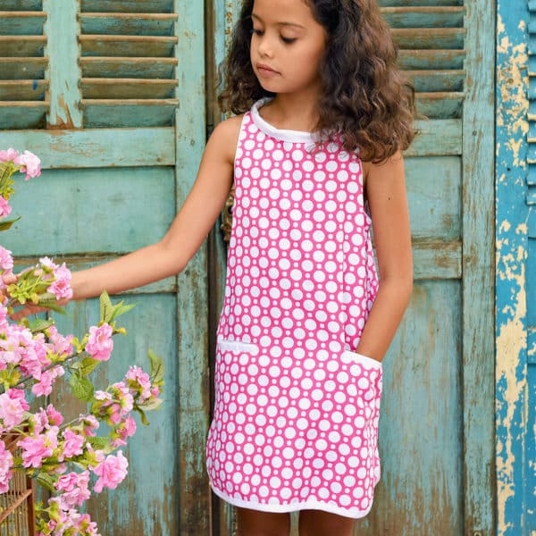 Robe trapèze été en coton graphique rose fuchsia et blanc avec poches pour filles de 2 à 14 ans