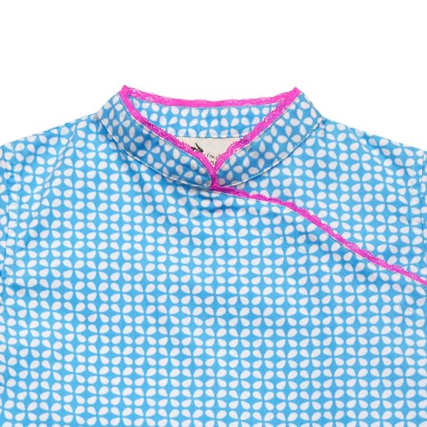 Turquoise and white cotton graphic dress with Mao collar and fuchsia pink lace for girls from 2 to 14 years
