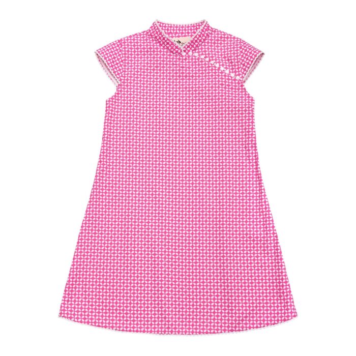 Fuchsia pink and white cotton graphic summer dress with Mao collar and short sleeves trimmed with tassels for girls from 2 to 14 years