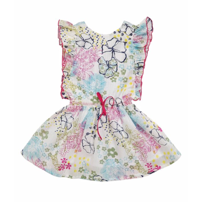 Pink, blue, yellow and green floral white cotton summer dress with ruffled armholes and V-neck back for girls 2 to 12 years