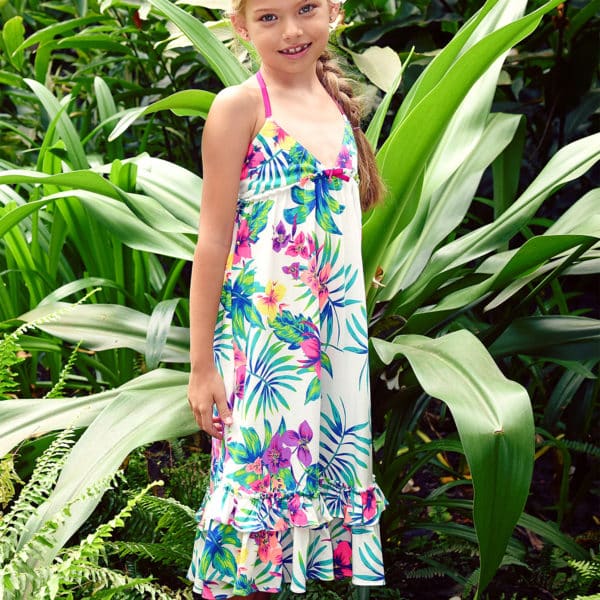 White cotton summer long dress with Hawaiian floral print for girls 2 to 12 years old