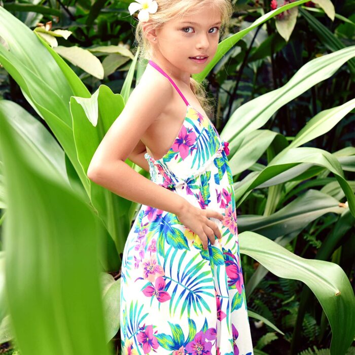 White cotton summer long dress with Hawaiian floral print for girls 2 to 12 years old