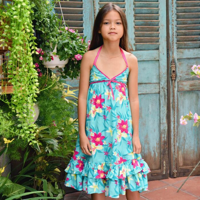 Robe longue en coton bleu turquoise et à l'imprimé fleuri hawaïen rose pour filles de 2 à 14 ans