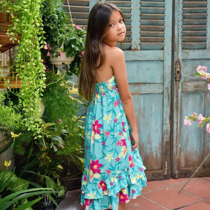 Robe longue en coton bleu turquoise et à l'imprimé fleuri hawaïen rose pour filles de 2 à 14 ans
