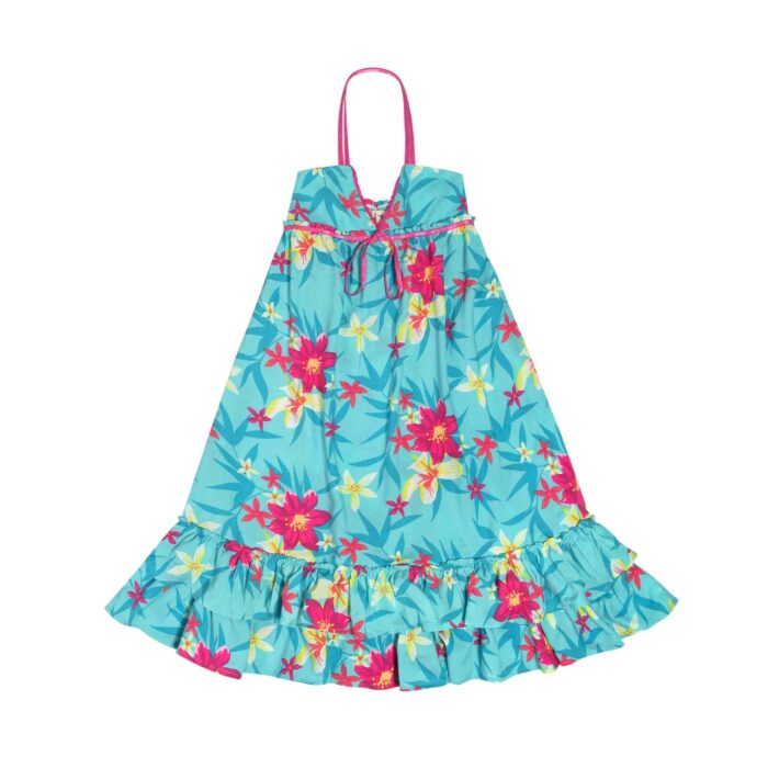 Robe longue en coton bleu turquoise et à l'imprimé fleuri hawaïen rose pour filles de 2 à 14 ans