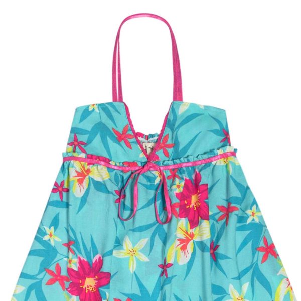 Turquoise blue cotton long dress with pink hawaiian flower print for girls 2 to 14 years old