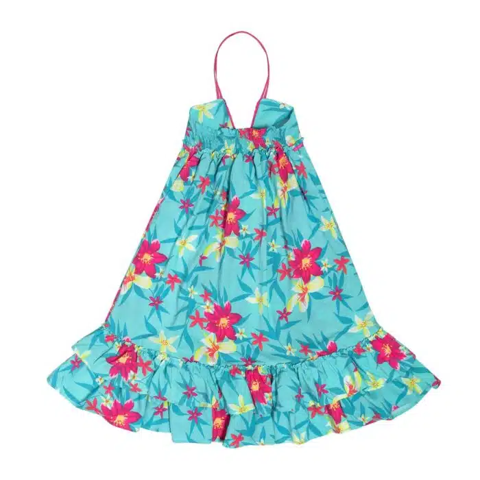 Robe longue en coton bleu turquoise et à l'imprimé fleuri hawaïen rose pour filles de 2 à 14 ans