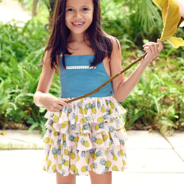 Blue denim cotton dungarees with pineapple print ruffled skirt and crossed back straps for girls 2 to 14 years