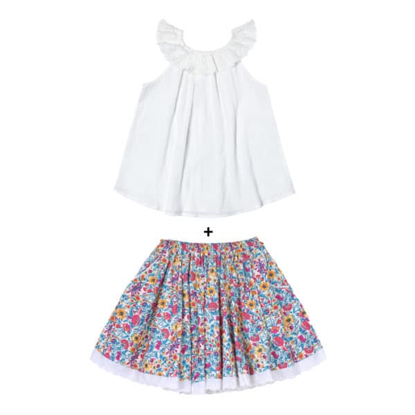 White blouse white blouse white ensemble in English embroidery and blue liberty floral cotton skirt for girls aged 2 to 14