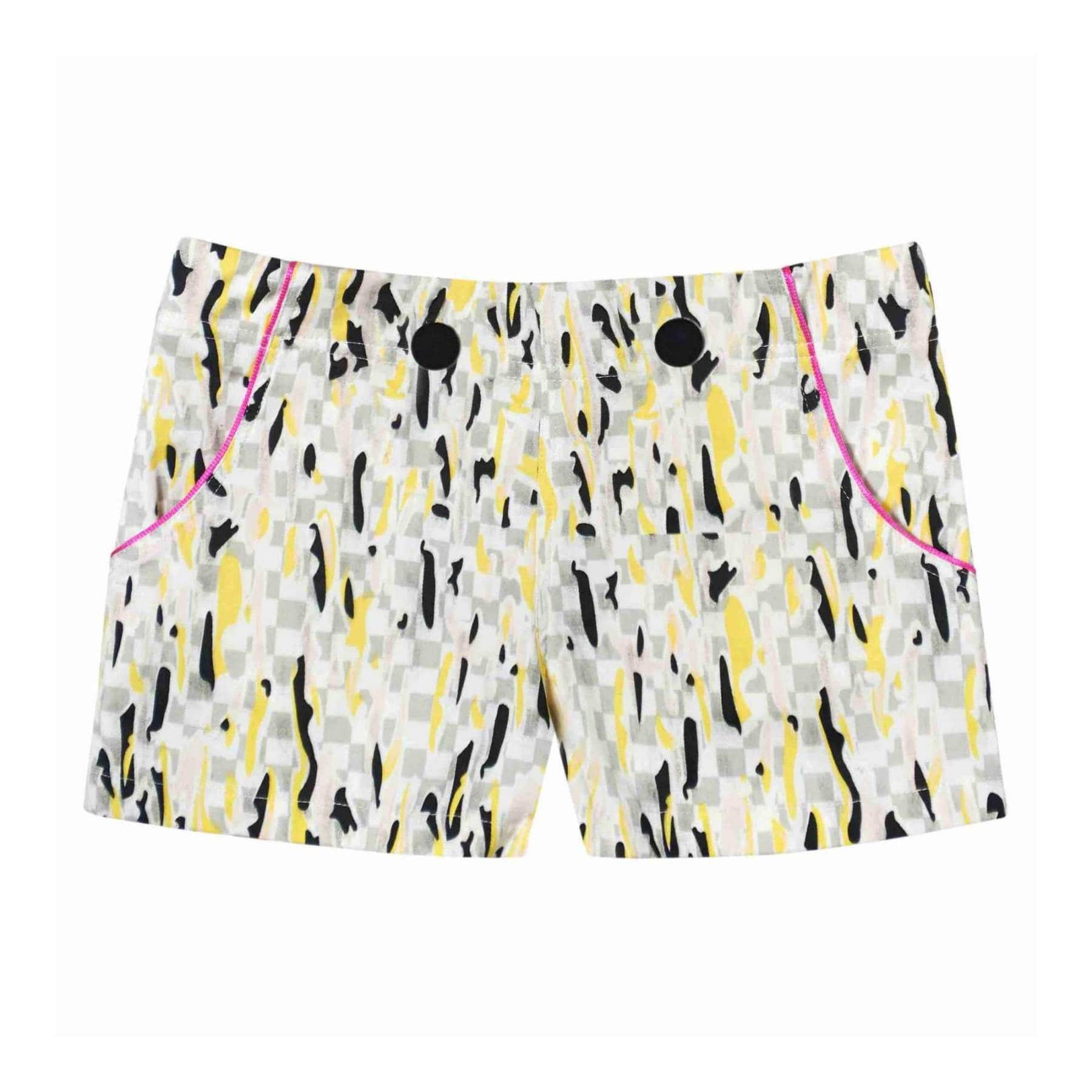 White, grey, yellow printed cotton shorts with. fuchsia pink bias and large black decorative button. Shorts for girls and. girls from the children's fashion brand LA FAUTE A VOLTAIRE