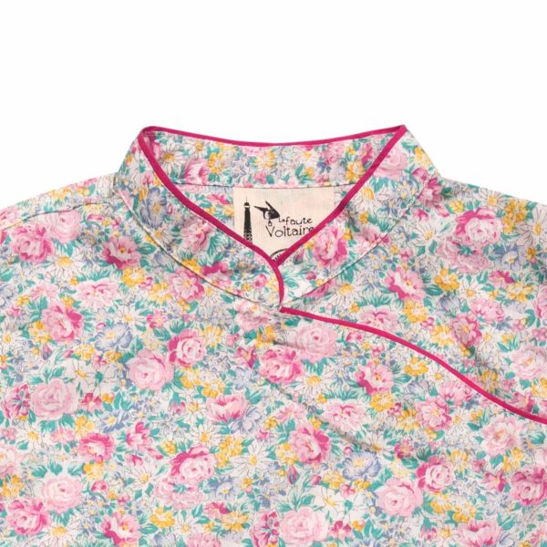 Chinese summer blouse in pink and pale blue liberty cotton with Col Mao and short sleeves for girls 2 to 14 years old