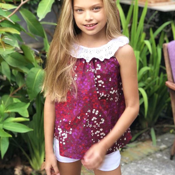 Summer blouse in burgundy floral cotton with white embroidery bardot collar for girls 2 to 14 years old