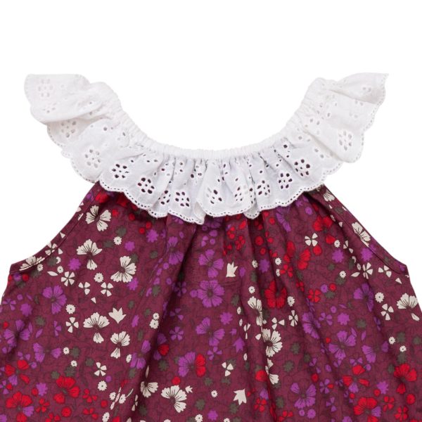 Summer blouse in burgundy floral cotton with white embroidery bardot collar for girls aged 2 to 14