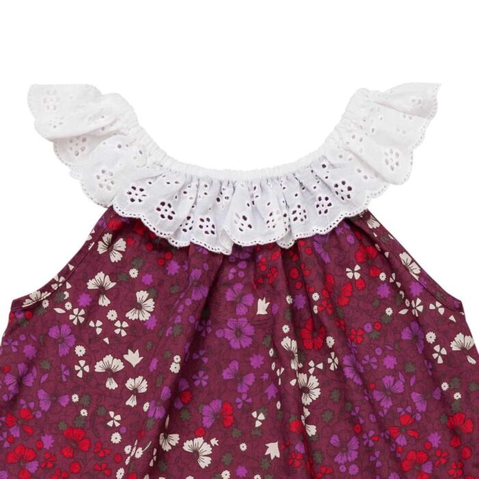 Summer blouse in burgundy floral cotton with white embroidery bardot collar for girls 2 to 14 years old
