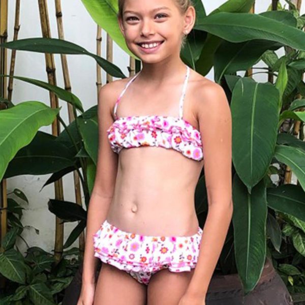 Two-piece summer swimsuit girl in pink and orange floral white cotton with elastic band and low-waisted ruffled panties for girls 2 to 12 years old