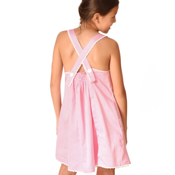 Robe trapèze été en coton rayé rose et blanc avec bretelles croisées pour filles de 2 à 14 ans