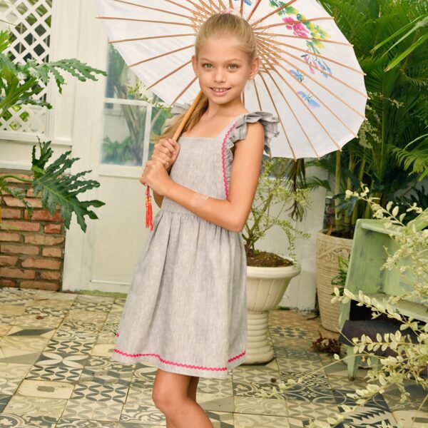 Pretty bohemian dress in grey linen and pink bias, square collar, straps with ruffles for girls from 2 to 14 years old from the fashion brand for children and teens LA FAUTE A VOLTAIRE