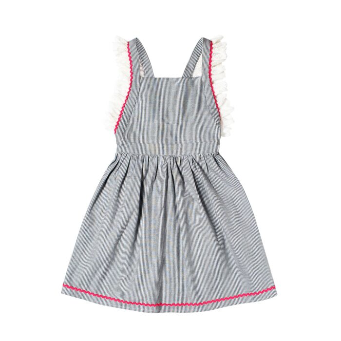 Grey striped cotton skater dress with gathered waist and ruffled sleeves for girls 2 to 14 years