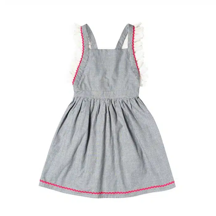 Robe tablier patineuse en coton rayé gris avec taille froncée et manches à volants pour filles de 2 à 14 ans
