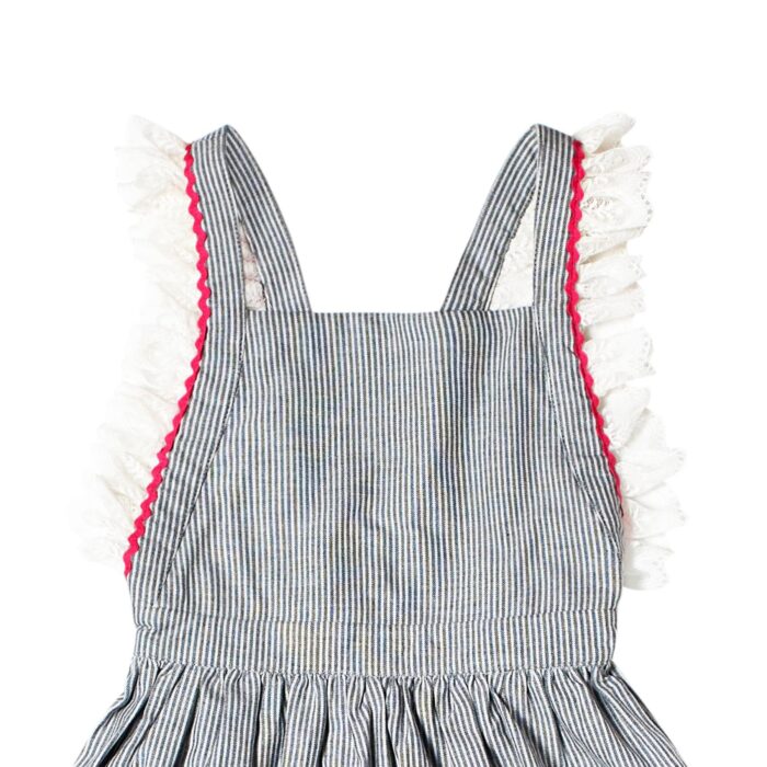 Grey striped cotton skater dress with gathered waist and ruffled sleeves for girls 2 to 14 years