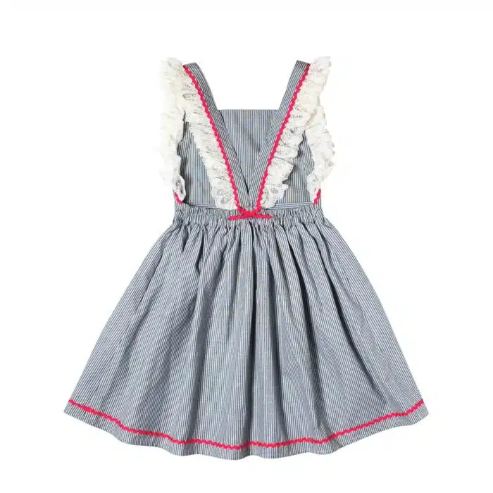 Robe tablier patineuse en coton rayé gris avec taille froncée et manches à volants pour filles de 2 à 14 ans