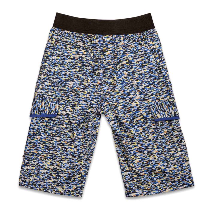 Long Bermuda shorts for the beach in printed cotton blue spotted multicolored elastic waist and cargo pockets, fashion for boys from 2 to 14 years old of the designer brand La Faute à Voltaire