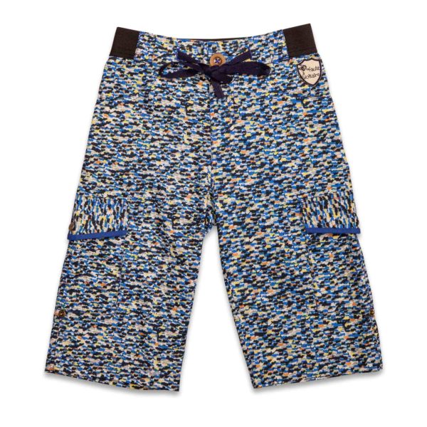 Long bermuda shorts for the beach in cotton printed blue spotted multicolored to the elastic size and cargo pockets, boy fashion from 2 to 14 years old from the brand creator for children La Faute à Voltaire