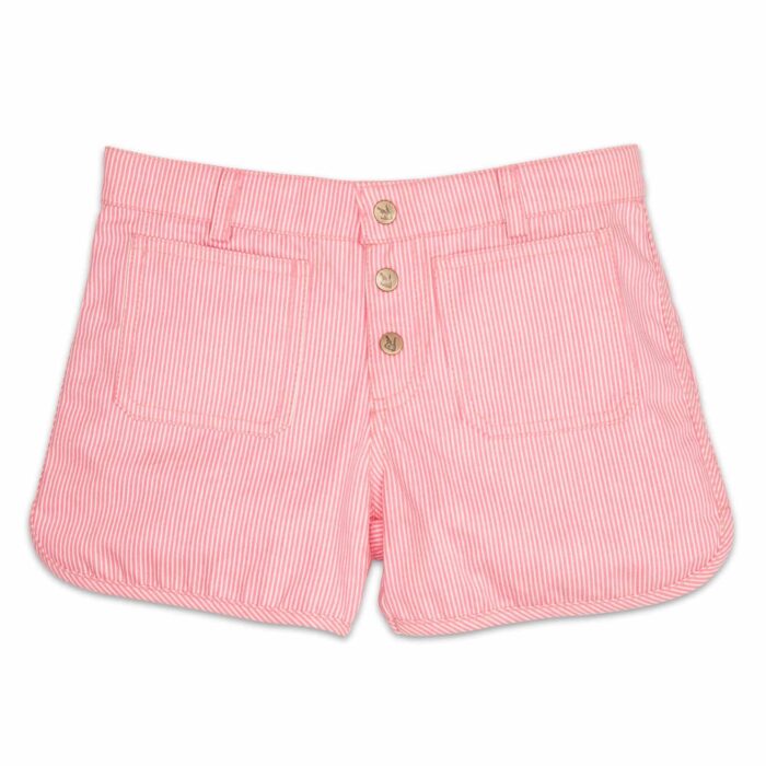 cotton denim shorts with thin pink and beige stripes, snaps and rounded edges for little girls from 2 to 12 years