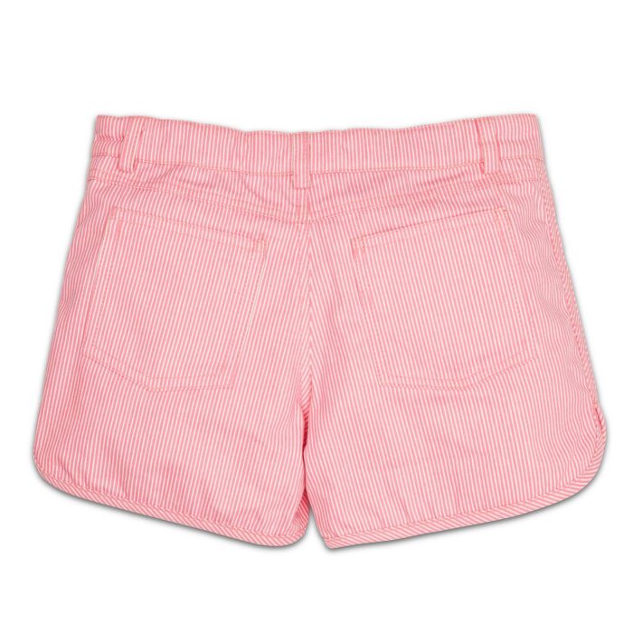 cotton denim shorts with thin pink and beige stripes, snaps and rounded edges for little girls from 2 to 12 years