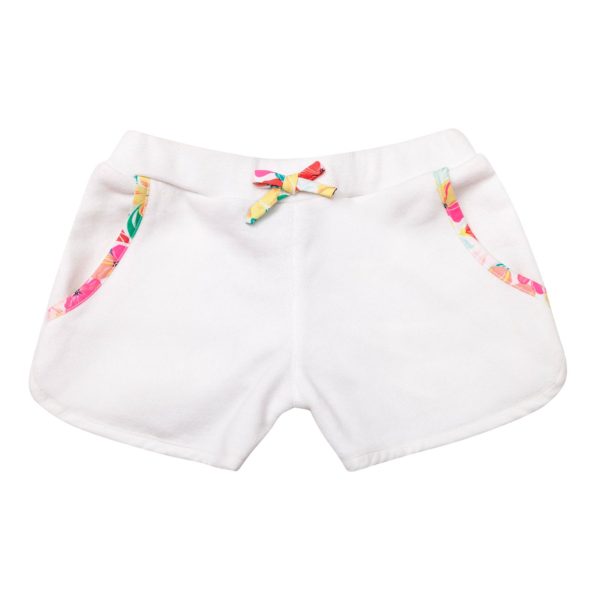 White cotton fleece shorts with elastic waistband and pockets lined with multicolored floral cotton for girls 2 to 12 years old
