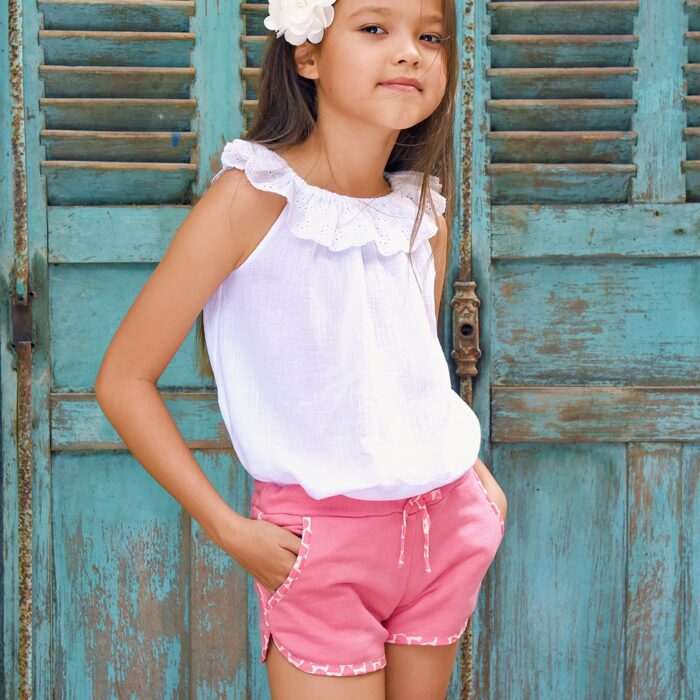 Short en coton rose avec taille élastique et poches pour filles de 2 à 12 ans