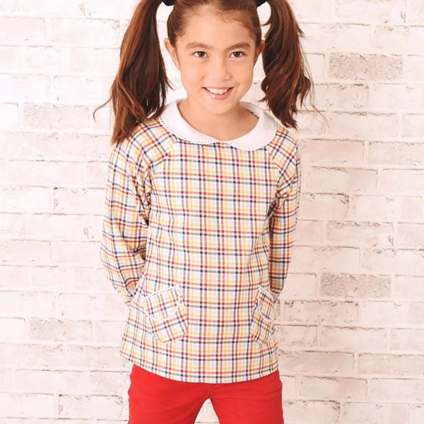 Blouse intersaison en coton à carreaux jaunes, rouges et bleus avec son beau col Claudine blanc pour filles de 2 à 12 ans