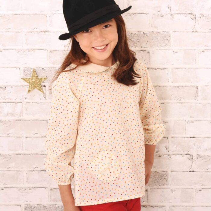 Beige cotton blouse with yellow, red, pink, orange and blue polka dots and a beautiful white Claudine collar for girls from 2 to 12 years