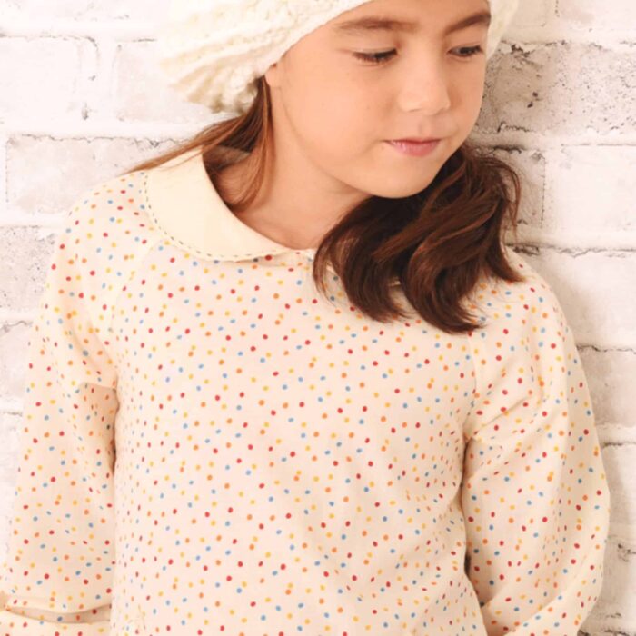 Beige cotton blouse with yellow, red, pink, orange and blue polka dots and a beautiful white Claudine collar for girls from 2 to 12 years