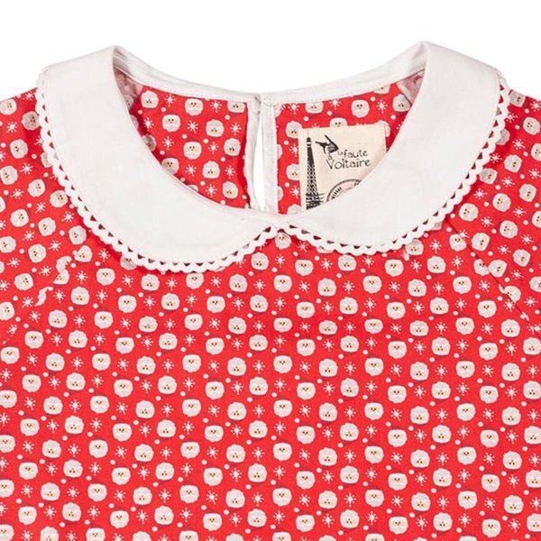 Red cotton blouse with Santa Claus print and white Claudine collar for girls from 2 to 12 years old