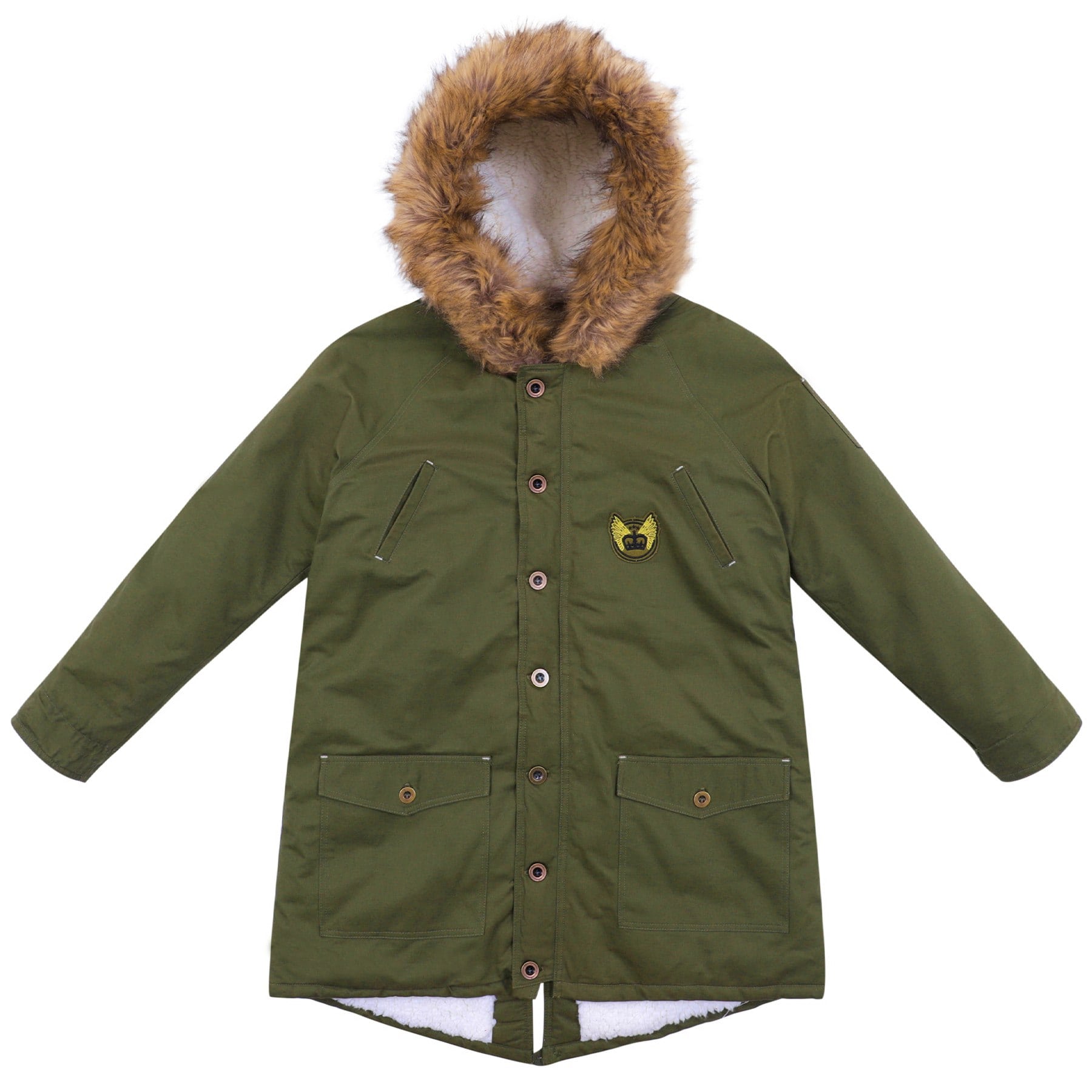 oversized parka for women and men khaki with crest and big hood in fake fur