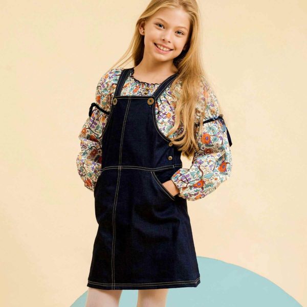 Dark blue denim dress for daughter of the fashion brand designer for children in fair trade THE FAULT TO VOLTAIRE