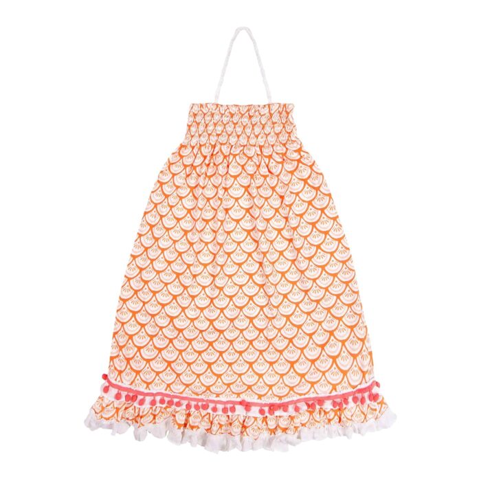Long beach dress in orange and white cotton jersey, removable neck strap to transform the dress into a bohemian long skirt with flounce. Model IBIZA of the fashion brand for children LA FAUTE A VOLTAIRE