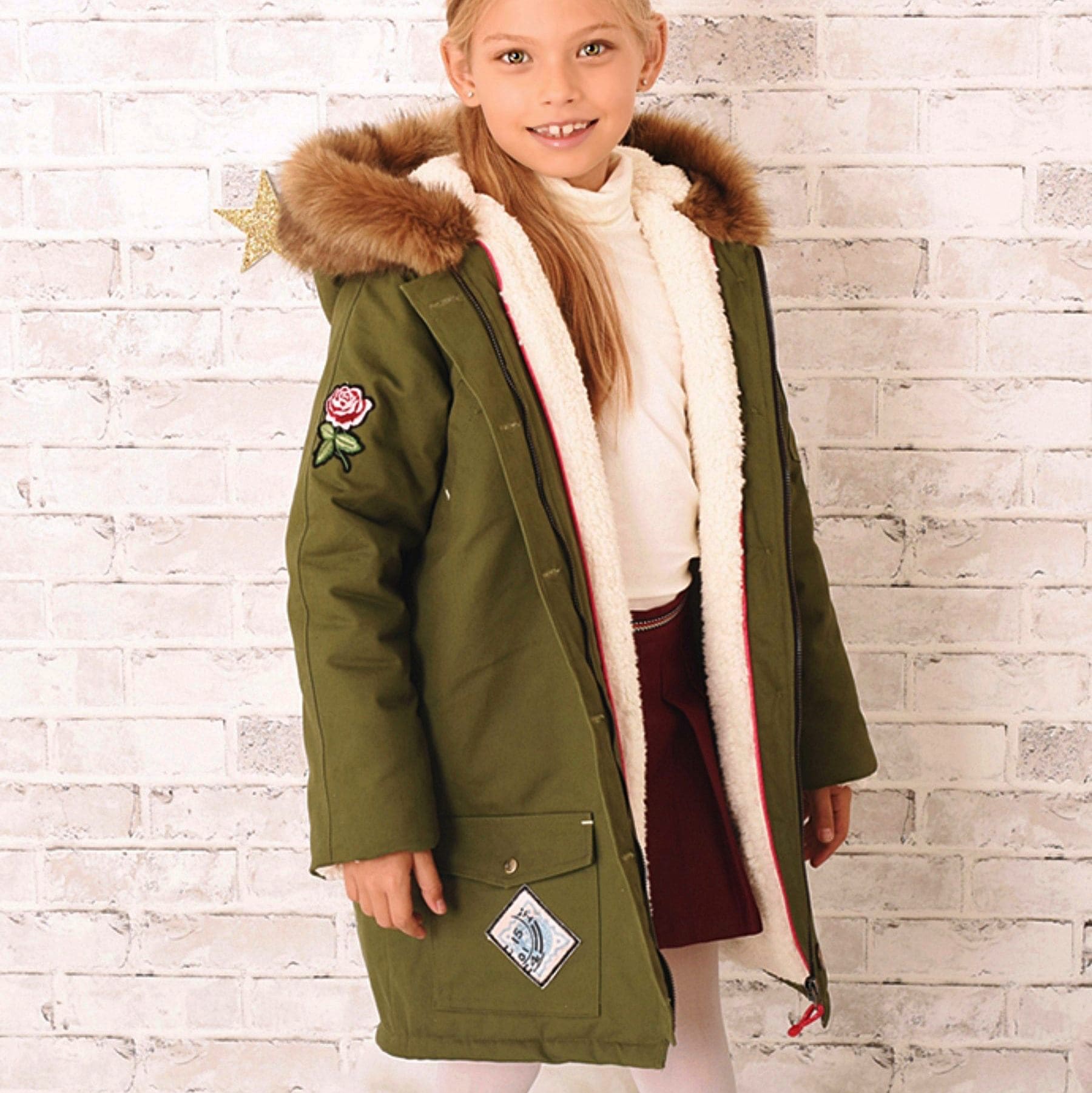 Long and warm parka for girls, khaki color, faux fur hood, imitation sheepskin lining for girls and teens from the children's fashion brand LA FAUTE A VOLTAIRE