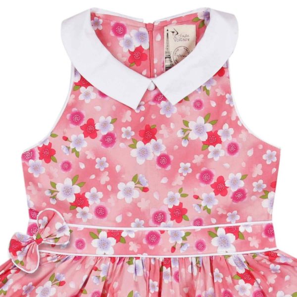 dress which turns of ceremonies for girl liberty pink flowered with small pointed Claudine collar in white satin cotton of the brand of fashion for children in retro trade chic and equitable LA FAUTE A VOLTAIRE