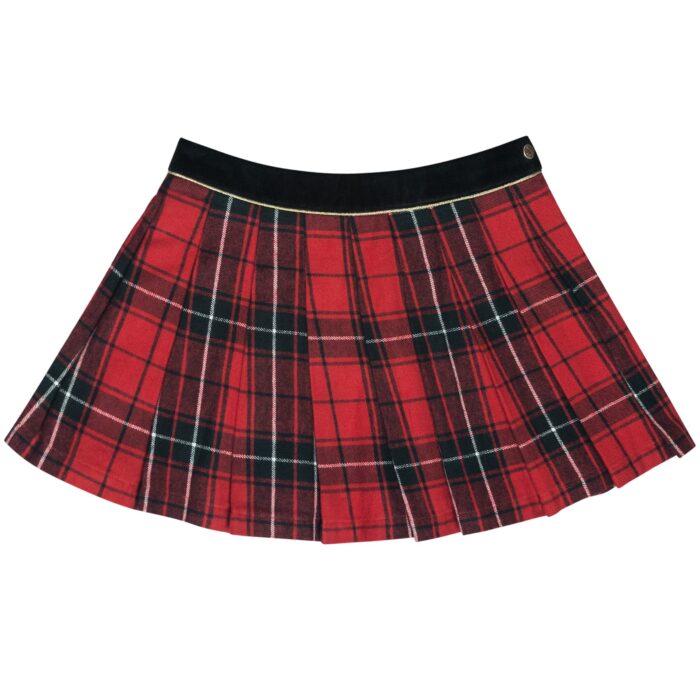 Red tartan wool skirt for girls and teens from 2 to 16 years old, with integrated black velvet belt and contrasting gold bias. Side closure with snap and zipper. French designer brand of LA FAUTE A VOLTAIRE