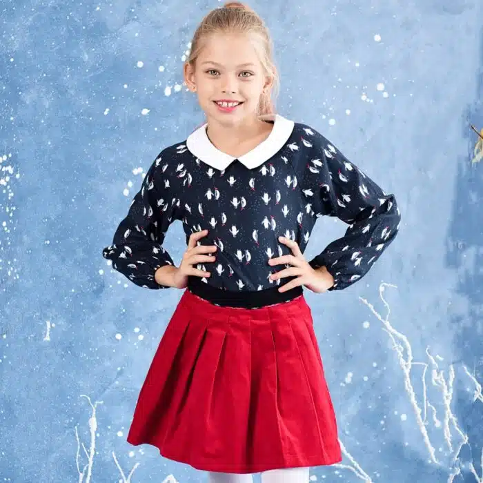 Jolie jupe en velours rouge avec ceinture en velours noir et biais tartan rouge pour filles et fillettes de 2 à 16 ans
