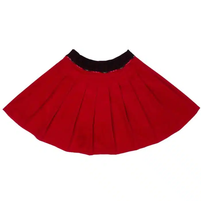 Jolie jupe en velours rouge avec ceinture en velours noir et biais tartan rouge pour filles et fillettes de 2 à 16 ans