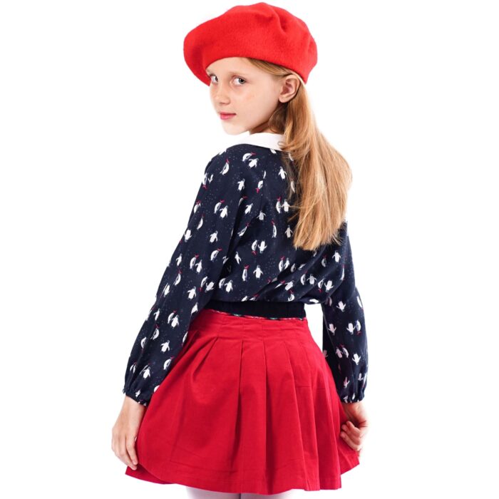 Jolie jupe en velours rouge avec ceinture en velours noir et biais tartan rouge pour filles et fillettes de 2 à 16 ans